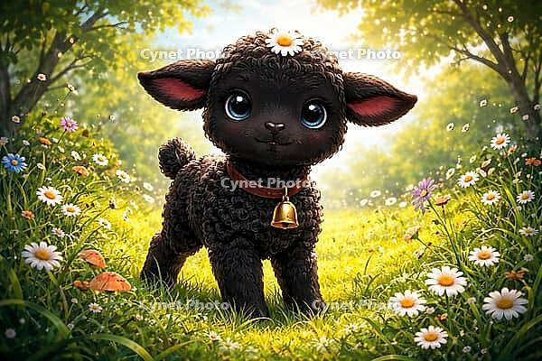 A cheerful looking lamb with a wreath of bells stands in a blooming meadow under trees, watercolor black sheep, AI generated [IBR124550740]