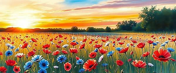 Colorful flower field with poppies and daisies at sunset, romantic watercolor illustration, flower meadow at sunset or sunrise, with open text as background, AI generated [IBR124550741]