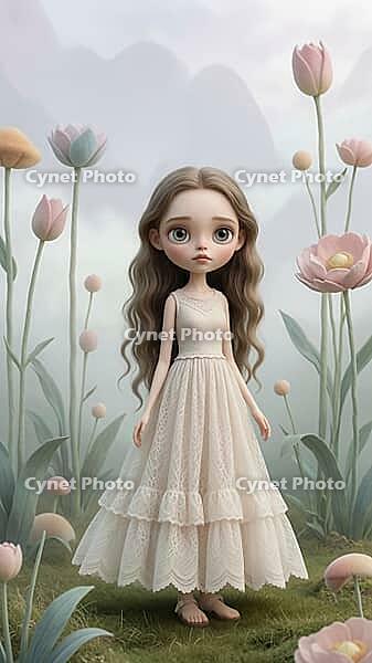 Girl with long, curly hair in an elegant dress in a foggy, flower-rich, gentle environment, AI generated [IBR124550742]