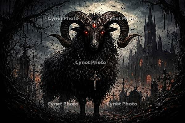 A dark gothic-style goat stands in front of a sinister church in a cemetery, Halloween, watercolor black sheep, AI generated [IBR124550744]