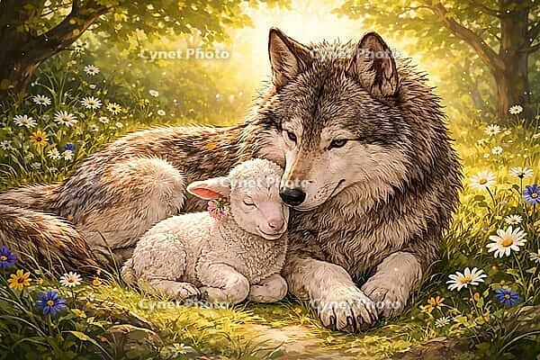 A wolf and a sleeping lamb rest in the blooming forest, surrounded by light, wolf and lamb, illustration, AI generated [IBR124550746]