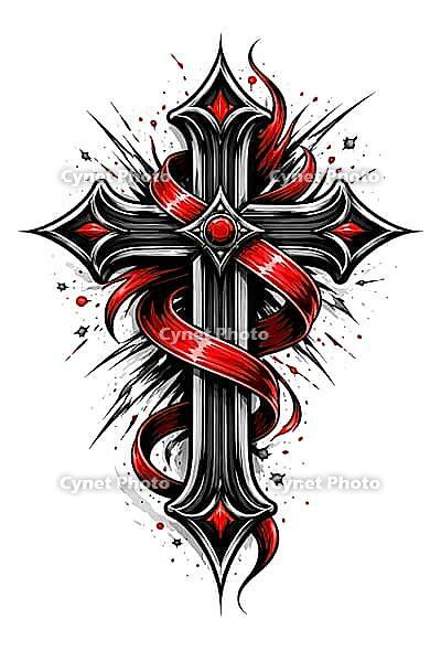 A black and red cross wrapped with dynamic lines and a stylized red ribbon, Christian symbol for cards, for religious festivals, such as baptism, communion, confirmation, Easter, confirmation or for mourning cards, AI generated [IBR124550747]
