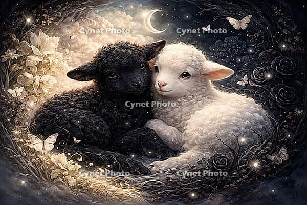 Two lambs rest in an enchanted night landscape under the moonlight, surrounded by butterflies, watercolor black sheep, AI generated [IBR124550749]