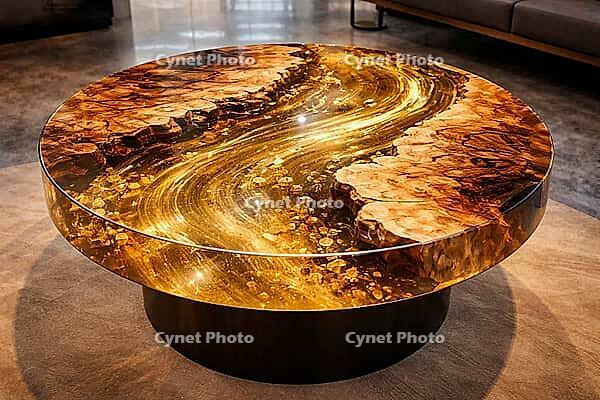Large table with golden epoxy resin surface that sparkles with luxury elements, DIY, hobby epoxy resin casting, colorful table made of resin, AI generates, AI generated [IBR124550751]