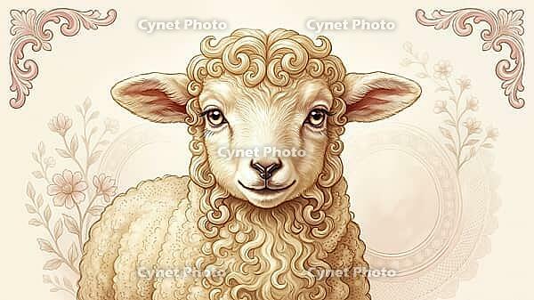 Artful illustration of a lamb with ornate floral patterns in the background, AI generated [IBR124550752]