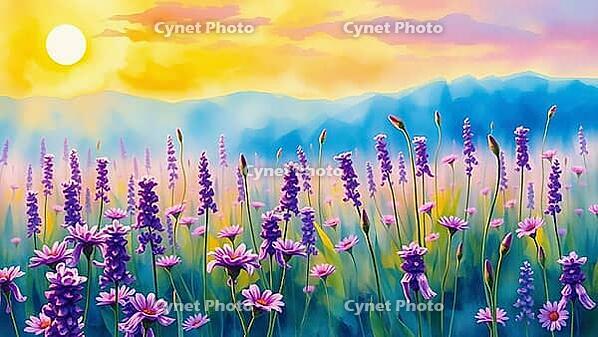 Lavender and pink blossoms in front of a sunset with mountains in the background, romantic watercolor illustration, flower meadow at sunset or sunrise, with open text as background, AI generated [IBR124550753]