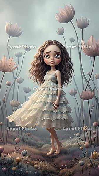 Girl with wavy hair, slightly melancholy expression in a bright dress on a mystical flower meadow, AI generated [IBR124550754]