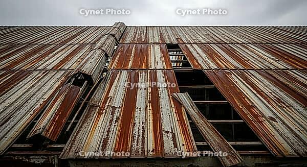Rusted and damaged metal roof showing signs of decay, construction materials failure concept, AI generated [IBR124550756]