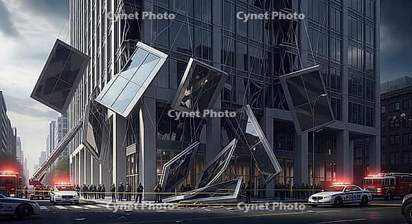 A city building with shattered windows surrounded by police and emergency vehicles, construction materials failure concept, AI generated [IBR124550758]
