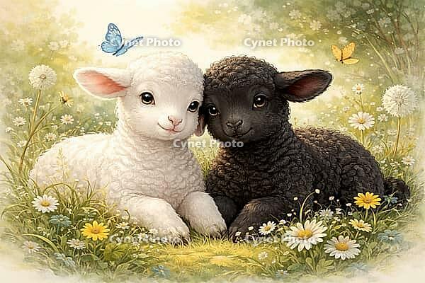 Two lambs lie harmoniously in a flower meadow surrounded by butterflies, watercolor black sheep, AI generated [IBR124550760]