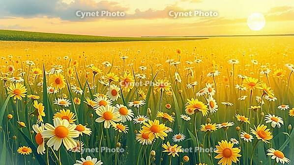 Yellow daisies in the field at sunset in golden atmosphere, romantic watercolor illustration, flower meadow at sunset or sunrise, with open text as background, AI generated [IBR124550761]