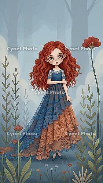 Girl with red hair in a blue-orange dress in a stylized forest landscape with elegant graphics, AI generated [IBR124550762]