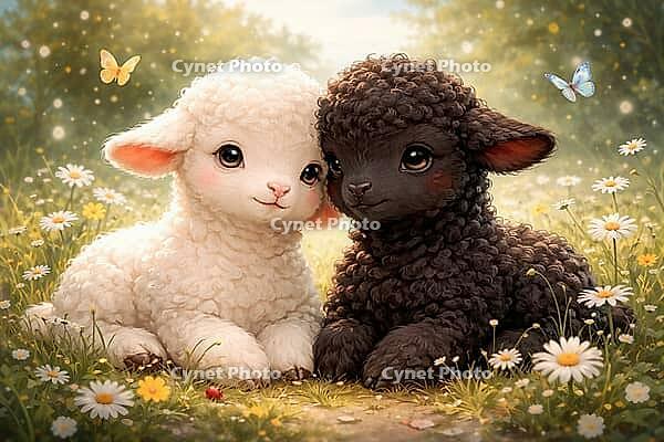 Two cuddly lambs rest peacefully in a blooming meadow, watercolor black sheep, AI generated [IBR124550763]