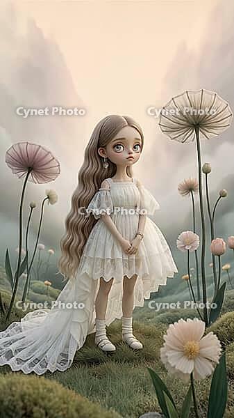 Blonde girl in white dress in a flowery, pastel-colored landscape with a delicate, dreamy atmosphere, AI generated [IBR124550765]