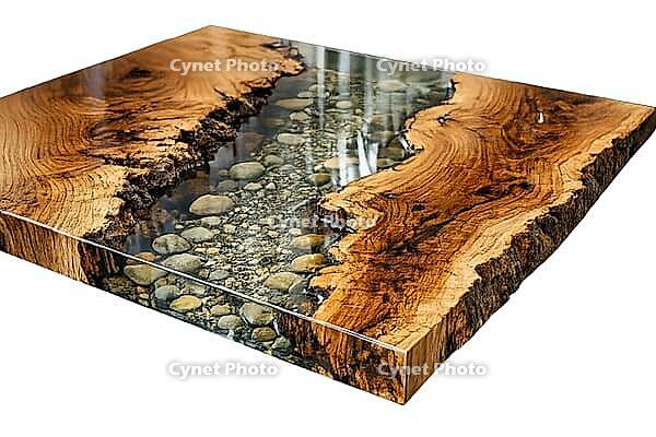 Rectangular wooden table with epoxy resin gradient and pebbles that create a flow look, DIY, hobby epoxy resin casting, colorful table made of resin, AI generates, AI generated [IBR124550766]