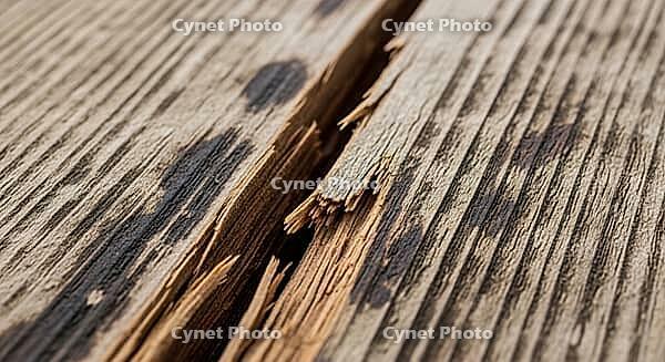 Close-up of cracked wooden surface with visible grain, construction materials failure concept, AI generated [IBR124550767]
