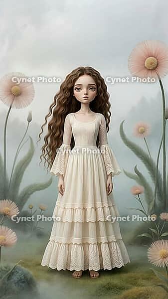 Girl in long ivory-colored dress with curly hair stands in a foggy meadow with big flowers, romantic and dreamy, AI generates, AI generated [IBR124550769]