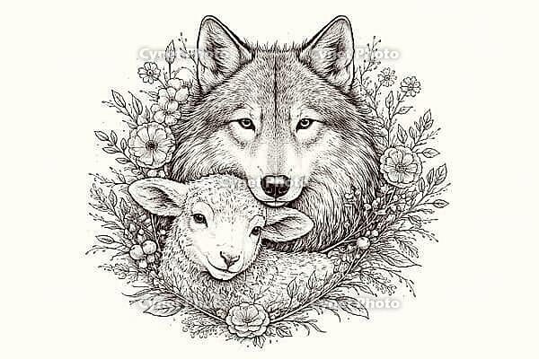Black and white drawing of a wolf and a lamb with floral elements, wolf and lamb, illustration, AI generated [IBR124550770]