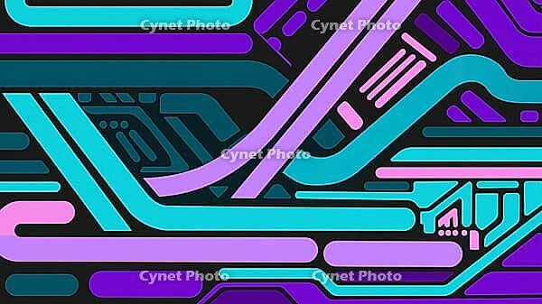 Graphic design with lines and shapes in purple, blue and cyan is reminiscent of technical circuits, background image, geometric patterns in purple, lilac, green and turquoise, AI generates, AI generated [IBR124550771]