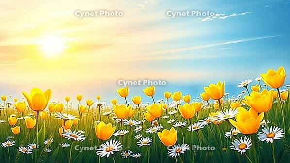 Yellow tulips and daisies under a clear blue sky in sunlight, romantic watercolor illustration, flower meadow at sunset or sunrise, with open text as background, AI generated [IBR124550772]