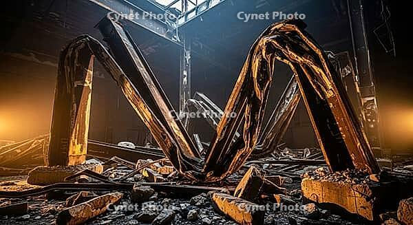 Artistic view of bent beams in an abandoned ruin, construction materials failure concept, AI generated [IBR124550774]