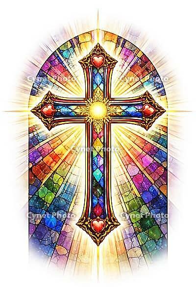 Stained glass window with a cross in rainbow colors, glowing hearts and a radiant light, Christian symbol for cards, for religious festivals, such as baptism, communion, confirmation, Easter, confirmation or for mourning cards, AI generated [IBR124550775]