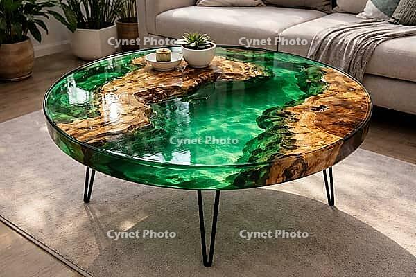 Modern epoxy resin table with green and wood-colored elements, surrounded by plants, DIY, hobby epoxy resin casting, colorful table made of resin, AI generated [IBR124550776]