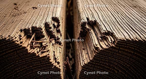 Detail of aged wooden beam with deep grooves and texture, construction materials failure concept, AI generated [IBR124550777]