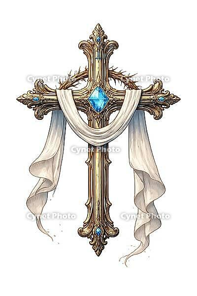 Minimalistic cross with blue decoration and white cloths on a white background, Christian symbol for cards, for religious festivals, such as baptism, communion, confirmation, Easter, confirmation or for mourning cards, AI generated [IBR124550780]