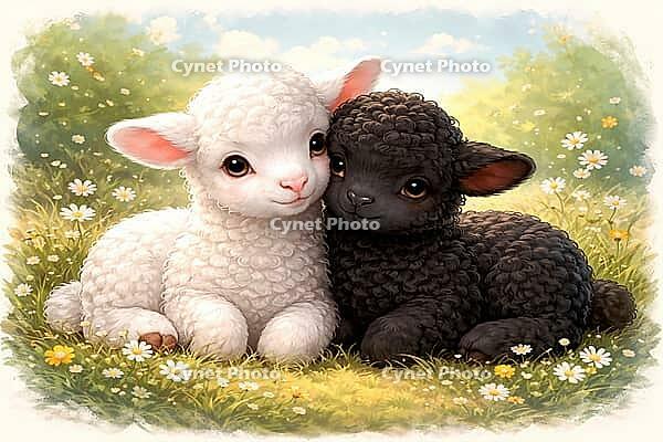 Two soft lambs cuddling close together in a meadow in full bloom, watercolor black sheep, AI generated [IBR124550781]