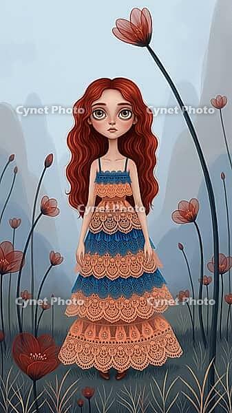 Girl with heavy red hair in a stylized dress in a modern, flower-rich landscape, AI generated [IBR124550783]