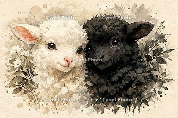 Two lambs lie close together in a stylized black and white floral motif, watercolor black sheep, AI generated [IBR124550785]