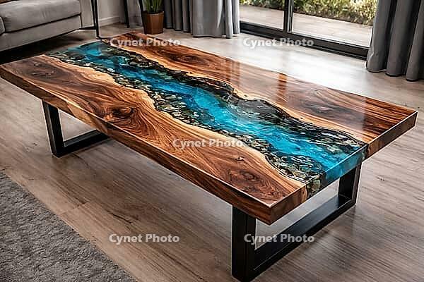 Wooden table with crystal clear blue epoxy resin flow and simple design, DIY, hobby epoxy resin casting, colorful table made of resin, AI generated [IBR124550787]