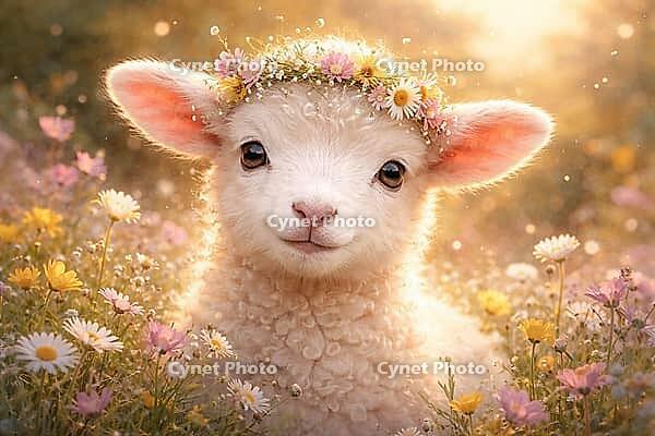 A lamb with a wreath of flowers sits softly on a blooming meadow in warm light, AI generates, AI generated [IBR124550788]