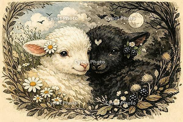 Two lambs, one black, one white, in a natural nocturnal environment with flowers and a full moon, AI generated [IBR124550789]