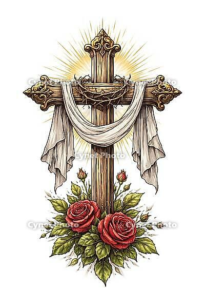 Decorated wooden cross with crown of thorns and roses, spiritual and symbolic, Christian symbol for cards, for religious festivals, such as baptism, communion, confirmation, Easter, confirmation or for mourning cards, AI generated [IBR124550790]