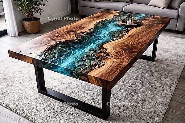 Elegant wooden coffee table with teal epoxy resin flow and decoration, DIY, hobby epoxy resin casting, colorful table made of resin, AI generated [IBR124550791]