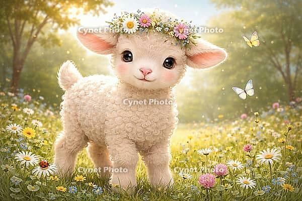 Cute lamb with a wreath of flowers in a meadow full of flowers and butterflies in sunlight, AI generated [IBR124550793]