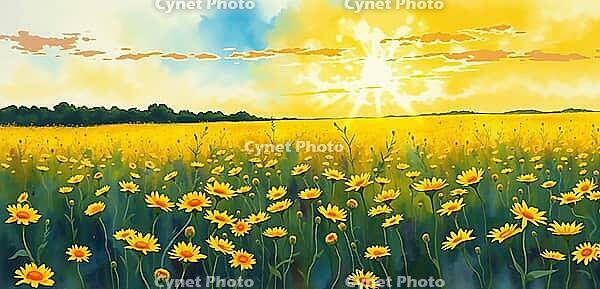 A wide yellow flower field at sunset creating a golden landscape, romantic watercolor illustration, flower meadow at sunset or sunrise, with open text as background, AI generated [IBR124550794]