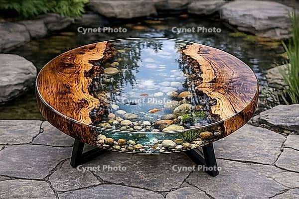Round table with epoxy resin surface simulating a flowing stream with fish, DIY, hobby epoxy resin casting, colorful table made of resin, AI generates, AI generated [IBR124550796]