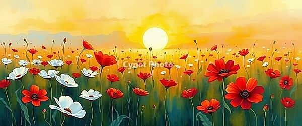 Red and white poppies in a meadow at sunset, romantic watercolor illustration, flower meadow at sunset or sunrise, with open text as background, AI generated [IBR124550799]