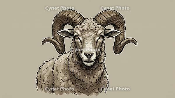 Realistically displayed ram with big, twisting horns, AI generated [IBR124550800]