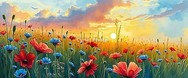 Field with poppies and daisies at sunset with birds, romantic watercolor illustration, flower meadow at sunset or sunrise, with open text as background, AI generated [IBR124550801]