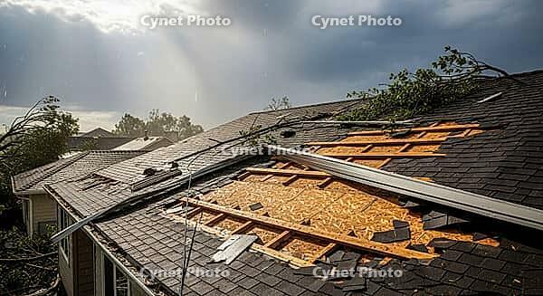 Damaged roof with sunlight breaking through clouds after a storm, surrounded by trees, construction materials failure concept, AI generated [IBR124550803]