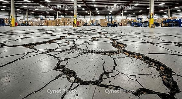 Warehouse interior with cracked floor and stacked boxes, construction materials failure concept, AI generated [IBR124550804]