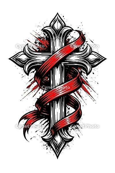 Dramatic cross with red ribbons and dynamic composition, Christian symbol for cards, for religious festivals, such as baptism, communion, confirmation, Easter, confirmation or for mourning cards, AI generated [IBR124550806]