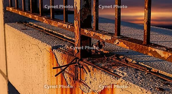 Rusty metal fence over cracked concrete at sunset, highlighting decay and texture, construction materials failure concept, AI generated [IBR124550808]