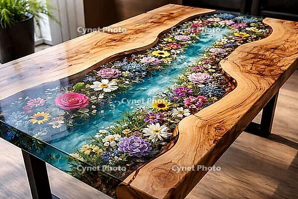 Wooden table with blue epoxy resin flow and colorful flower decoration, DIY, hobby epoxy resin casting, colorful table made of resin, AI generated [IBR124550811]