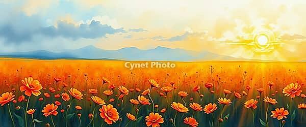 Flower meadow under a golden sunset with mountains in the background, romantic watercolor illustration, flower meadow at sunset or sunrise, with open text as background, AI generated [IBR124550812]