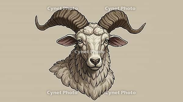 Detailed black and white illustration of a ram with big horns generated by AI, AI generated [IBR124550813]